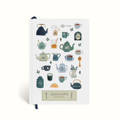 tea cups illustration, mugs, kettle, Tea illustration, tea time, Food illustration, vegetable illustration, veggies, Recipe Journal, Cooking Journal, Chef Book, Recipes, Recipe book, Cook book, Cookbook, Culinary book, The Muddy Jumpers, Journal