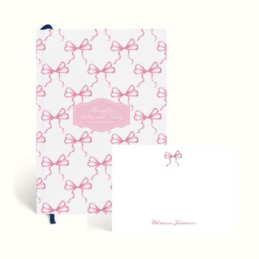 Coquette, Pink Ribbons, Ribbons, Hand drawn ribbons, Pink Ribbons, Ribbons Notebook, Journal, Graphic Notebook, Typography Notebook, Notecards, handwritten notes, notemaking, notes, scalloped design, stationery, personalised notecards, personalised notes, custom notecards, the muddy jumpers